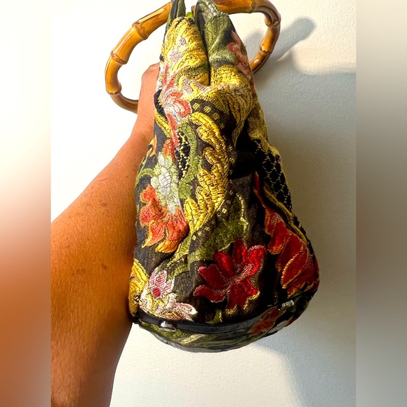 Talbots Vintage Floral Tapestry Satchel Handbag with Stained Bamboo Handles - Picture 6 of 14